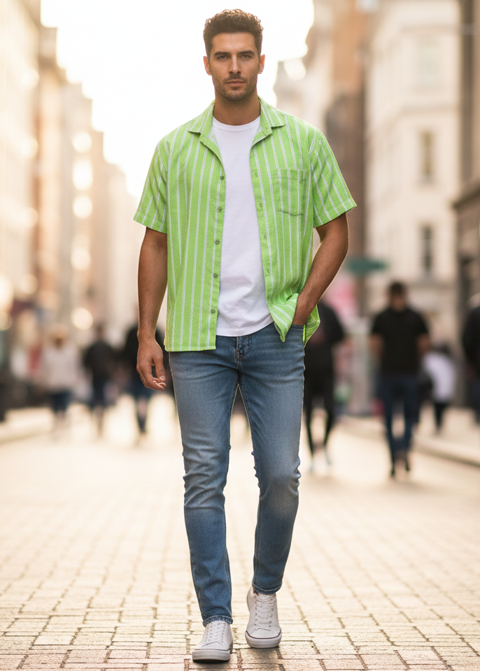 Men's Green and White Striped Casual Shirt.