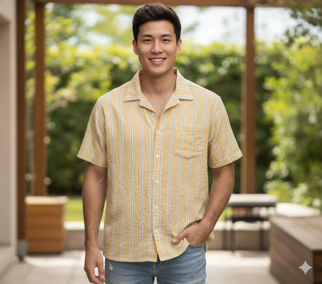 Yellow Striped Short-Sleeve Men's Casual Shirt.