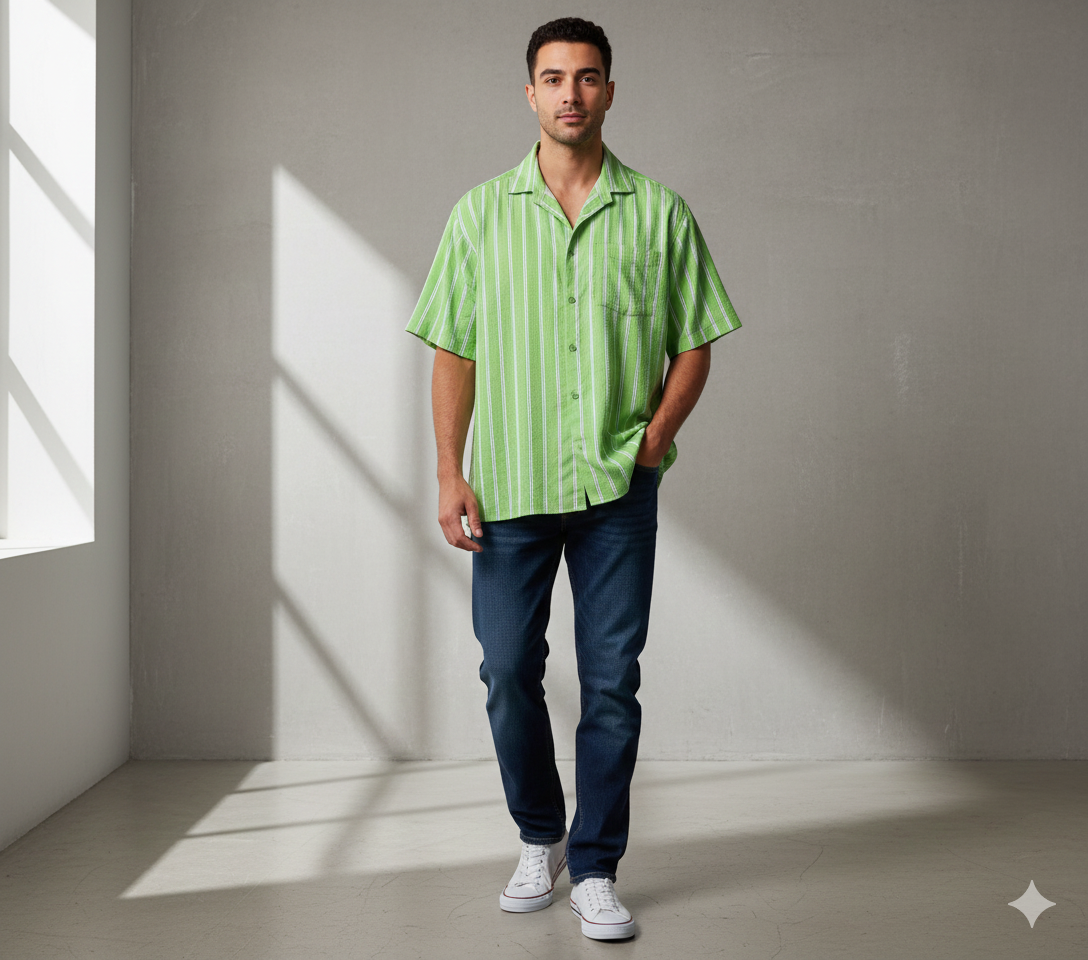 Men's Green and White Striped Casual Shirt.