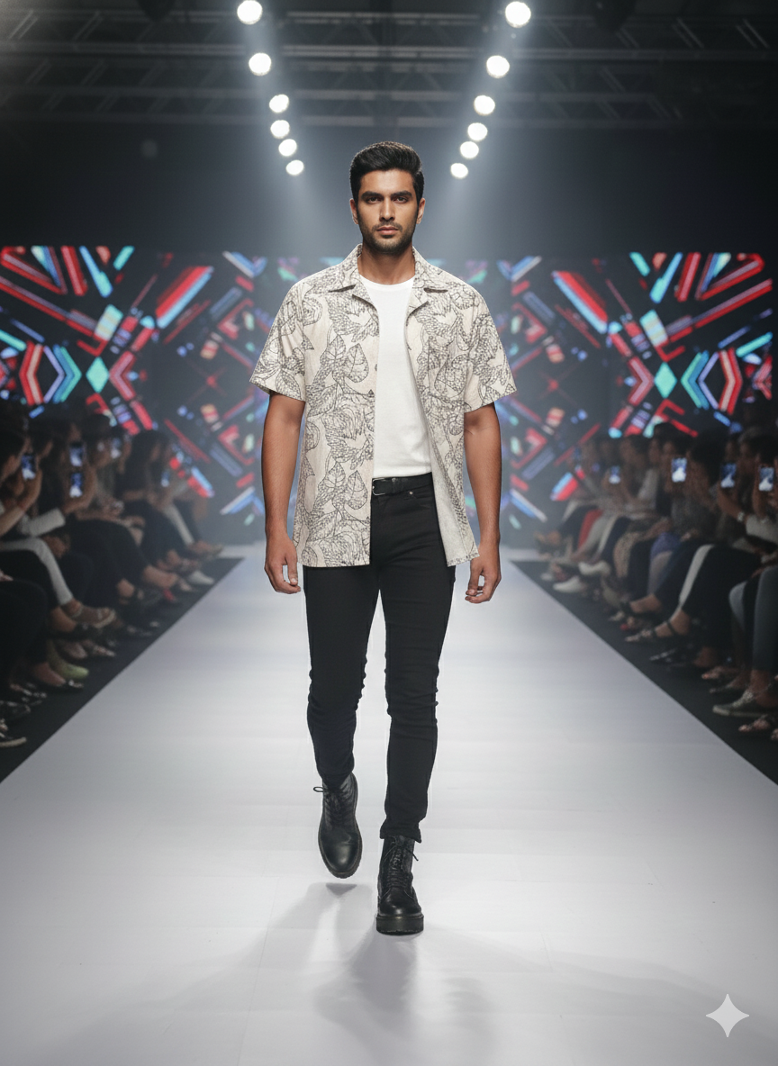 Men's Sketch Leaf Ivory Casual Shirt.