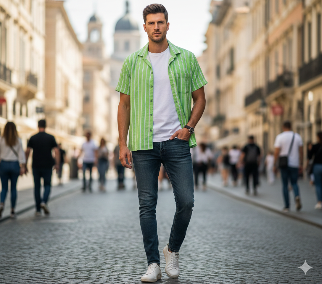 Men's Green and White Striped Casual Shirt.