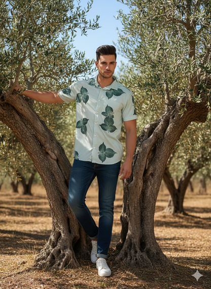 white And Leaf Printed Casual Shirt