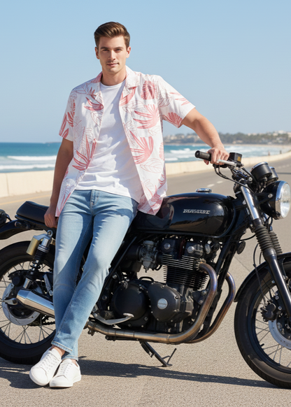 Pink Leaf Print Mens Casual Shirt