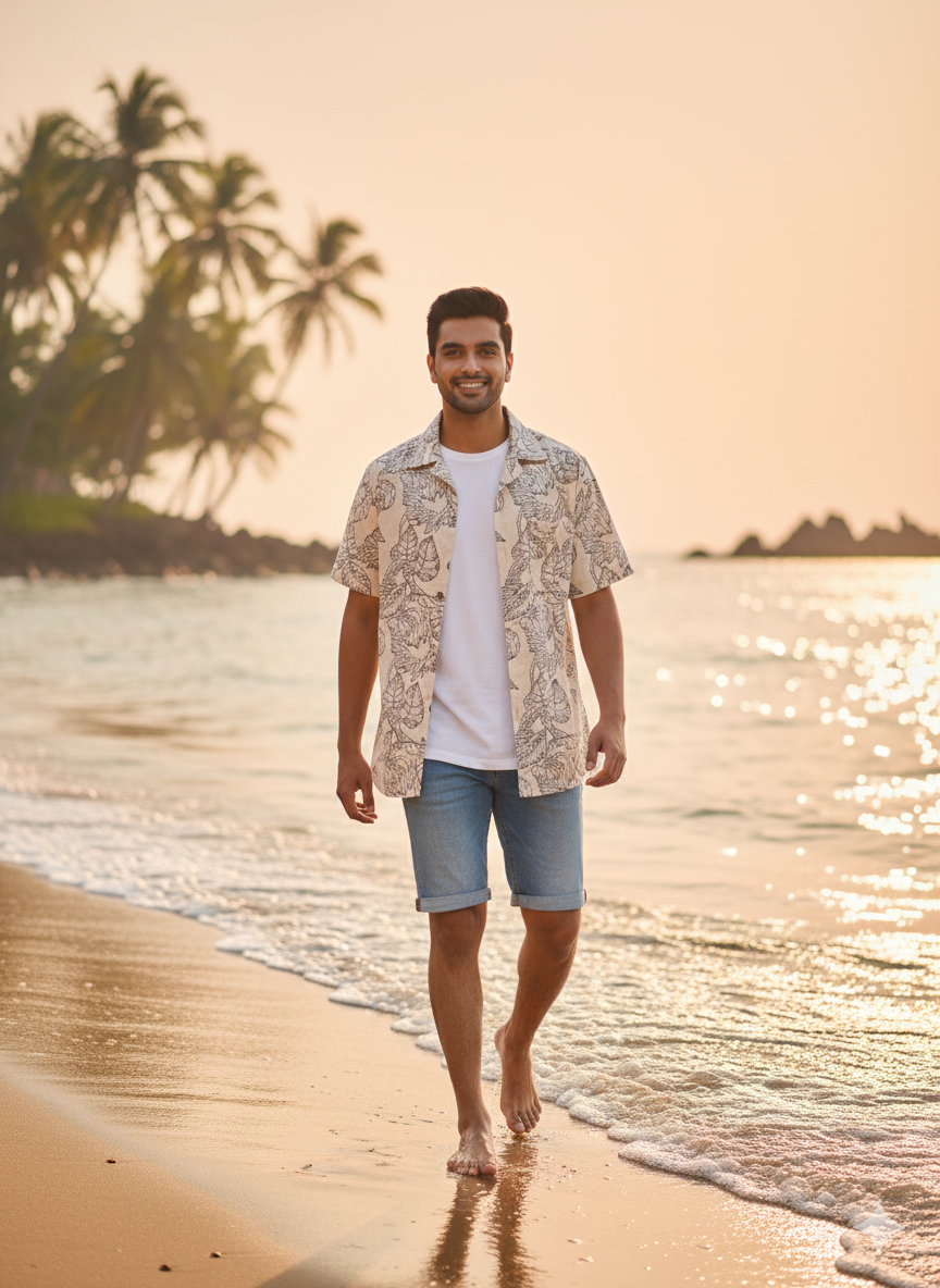 Men's Sketch Leaf Ivory Casual Shirt.