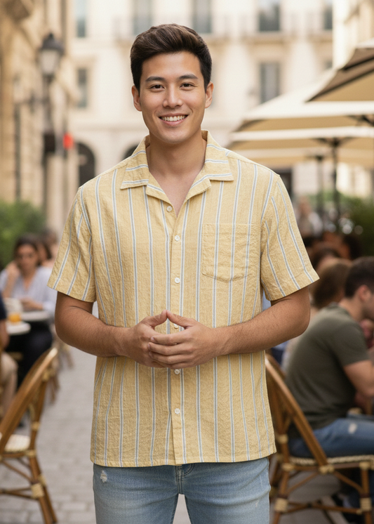 Yellow Striped Short-Sleeve Men's Casual Shirt.