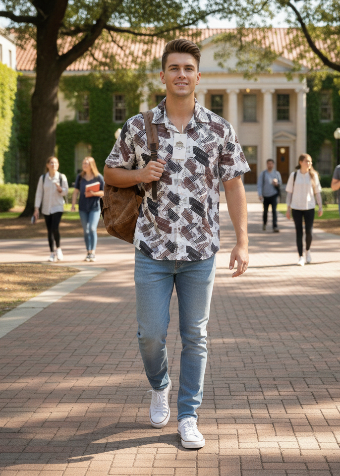 Abstract pattern Men's Shirt with colors like coffee brown, black, and white.