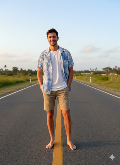 Blue and White Flower Pattern Casual Shirt