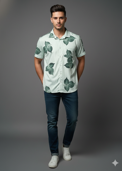 white And Leaf Printed Casual Shirt