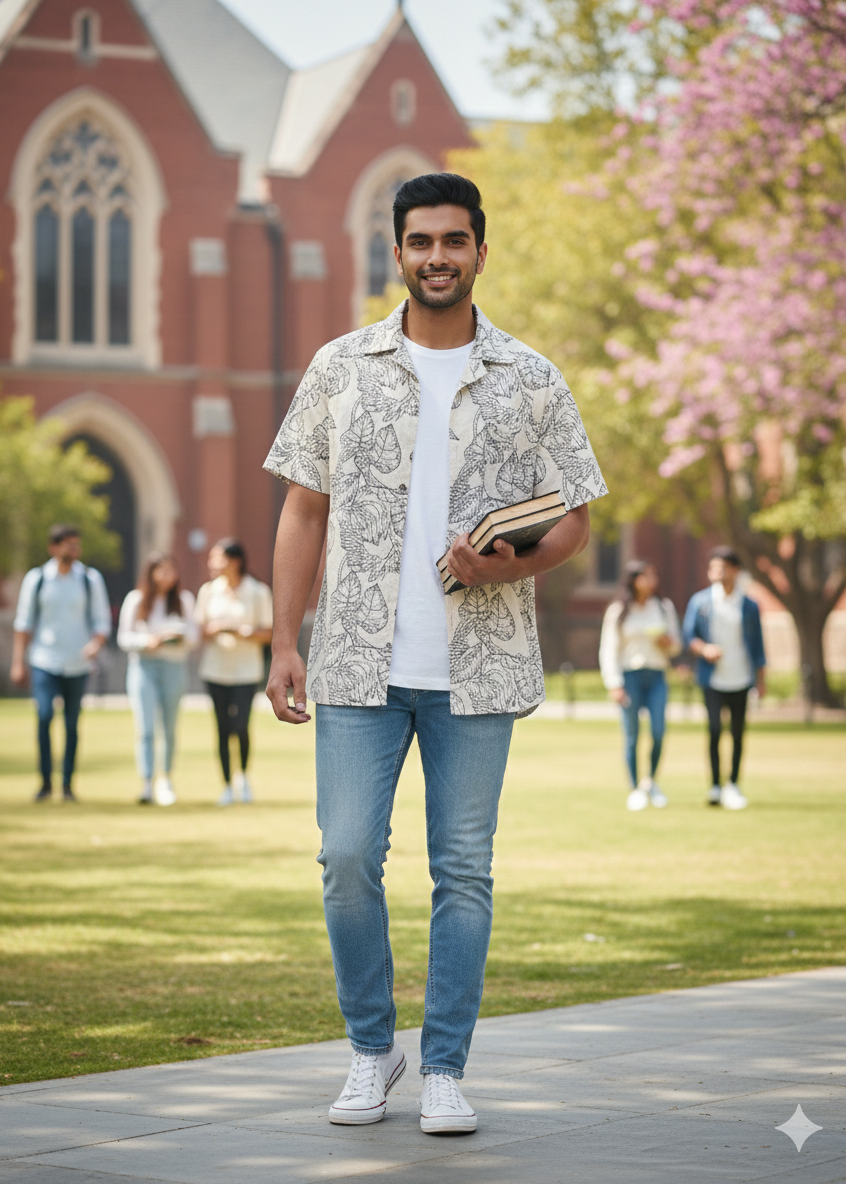 Men's Sketch Leaf Ivory Casual Shirt.