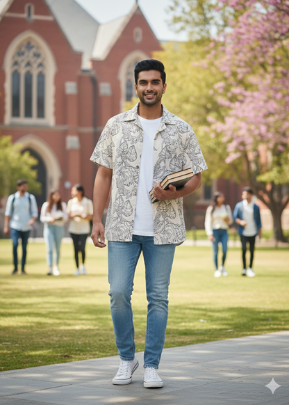 Men's Sketch Leaf Ivory Casual Shirt.