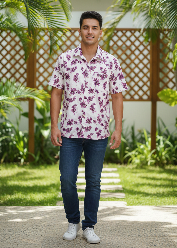 White And Maroon Flower Pattern Casual Shirt