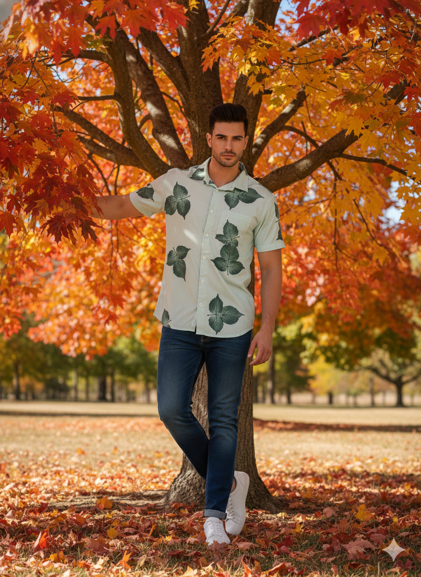 white And Leaf Printed Casual Shirt