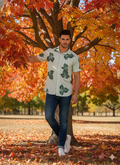 white And Leaf Printed Casual Shirt