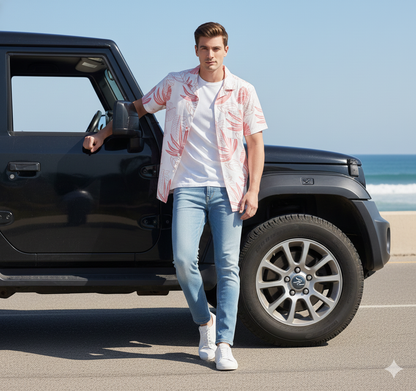 Pink Leaf Print Mens Casual Shirt