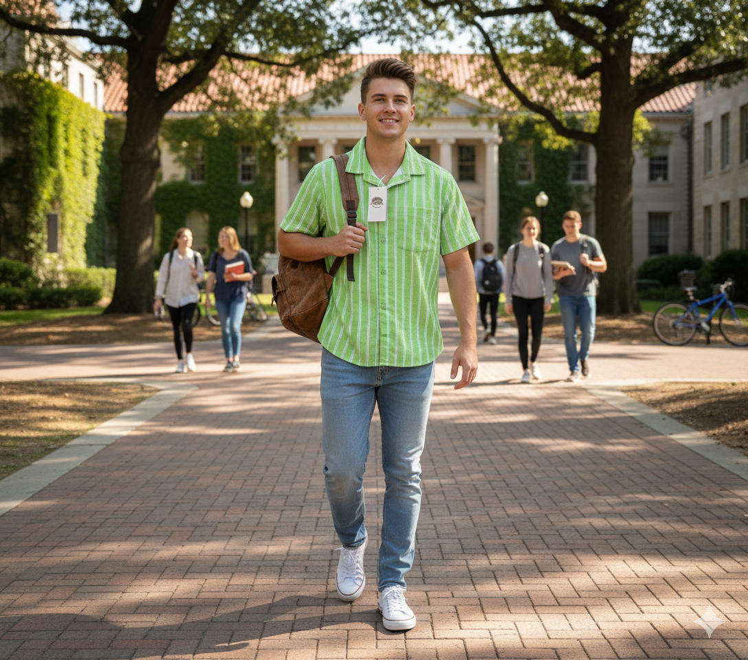 Men's Green and White Striped Casual Shirt.